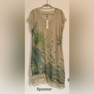 SPANNER Beige Midi Dress with Green & Teal Botanical Print